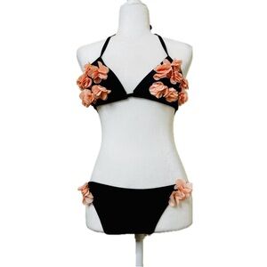 Cherry Blossom Sakura Pink Coral and Black Floral Bikini Set, Size L